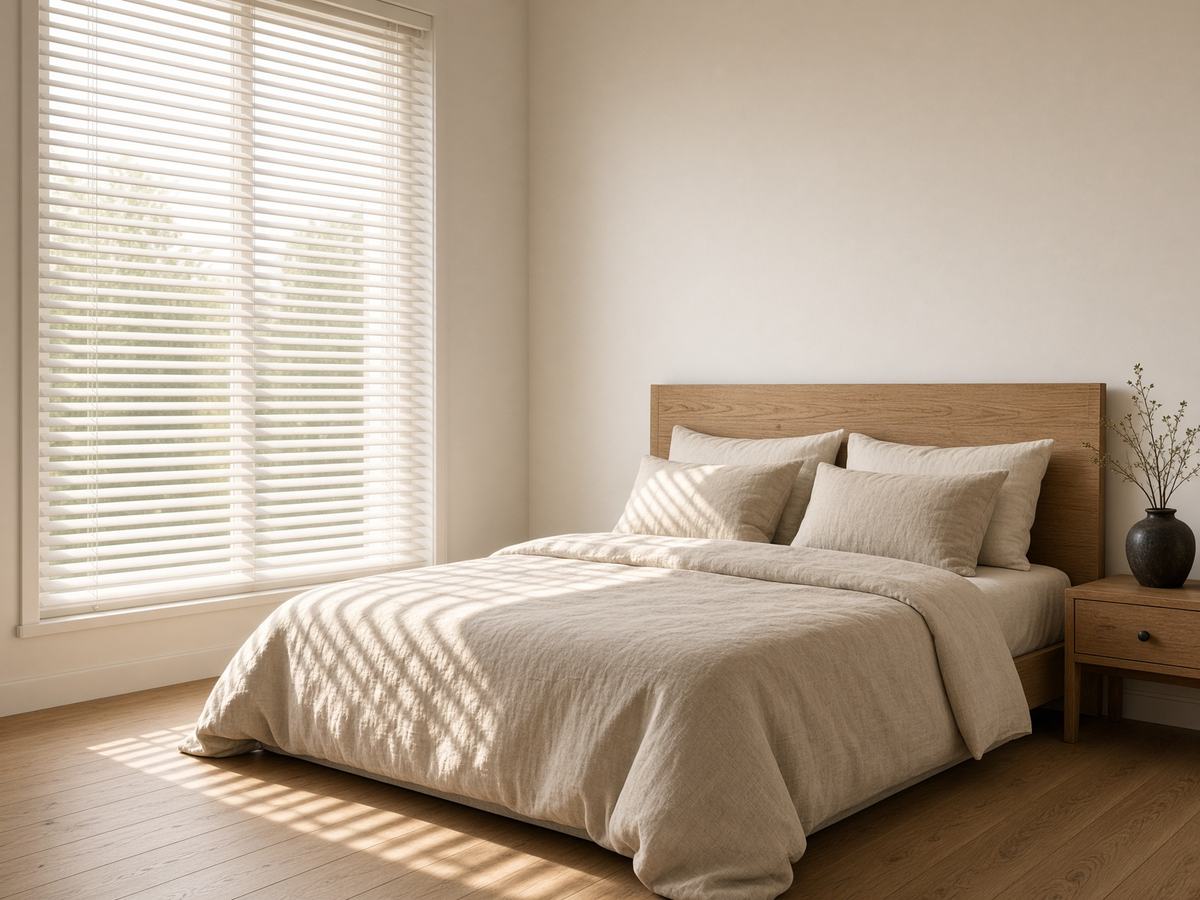 White wood blinds casting striped sunlight across a linen bed