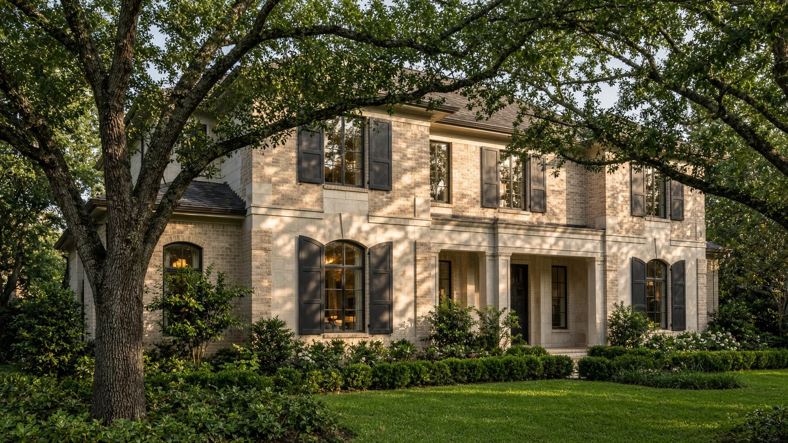 Houston brick home with charcoal exterior shutters on tall windows
