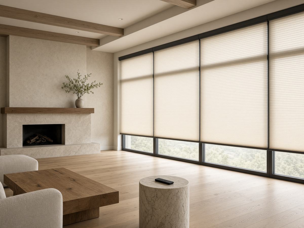 A great room with motorized honeycomb shades and a remote on a stone table